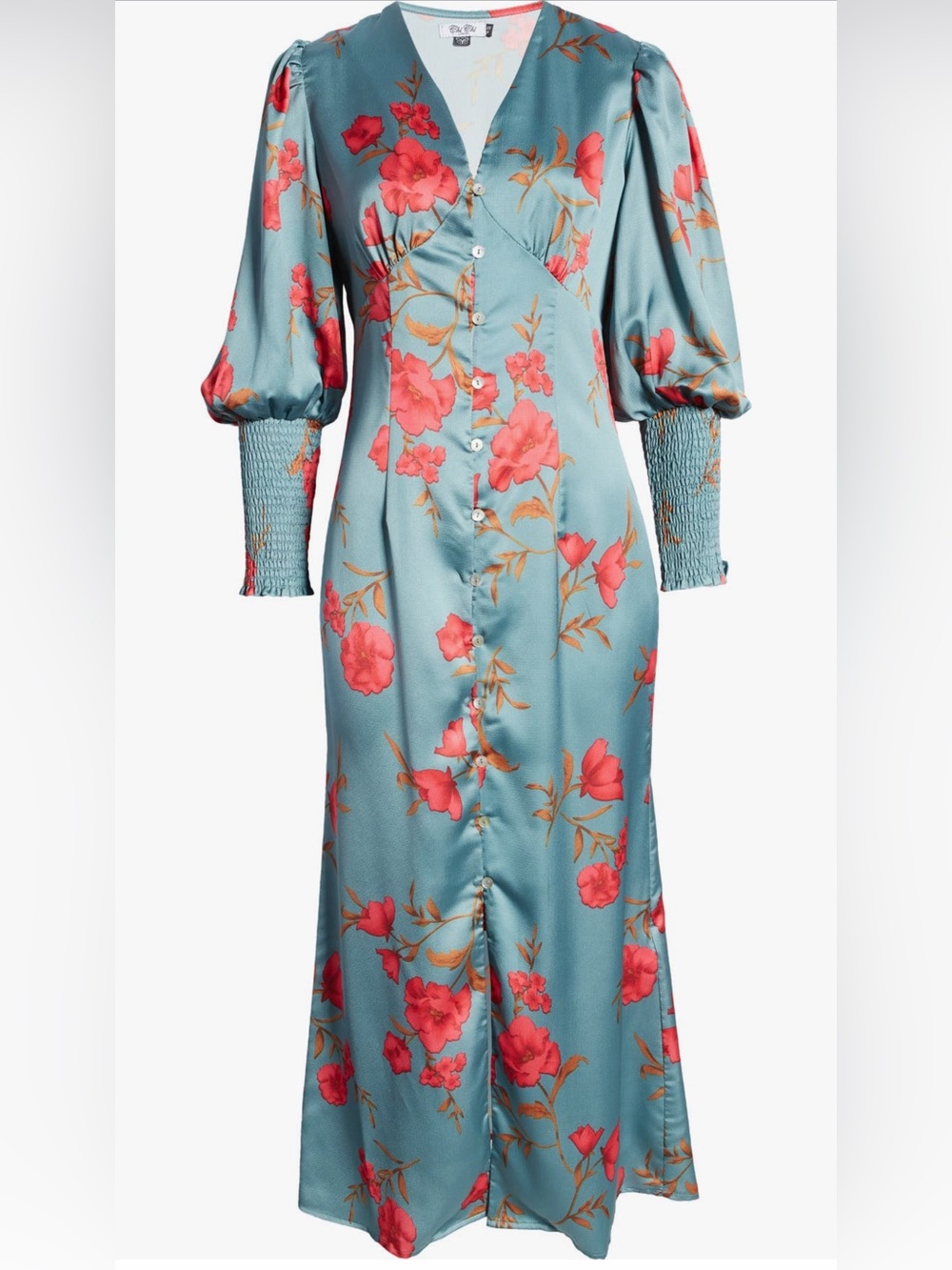 Chi Chi London Teal Satin Maxi Dress with Coral Floral Print